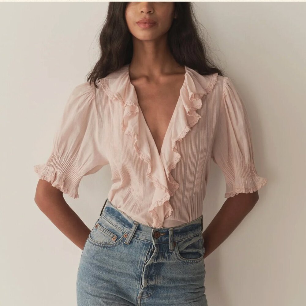 Doen Pale Pink Ruffle V-Neck Blouse